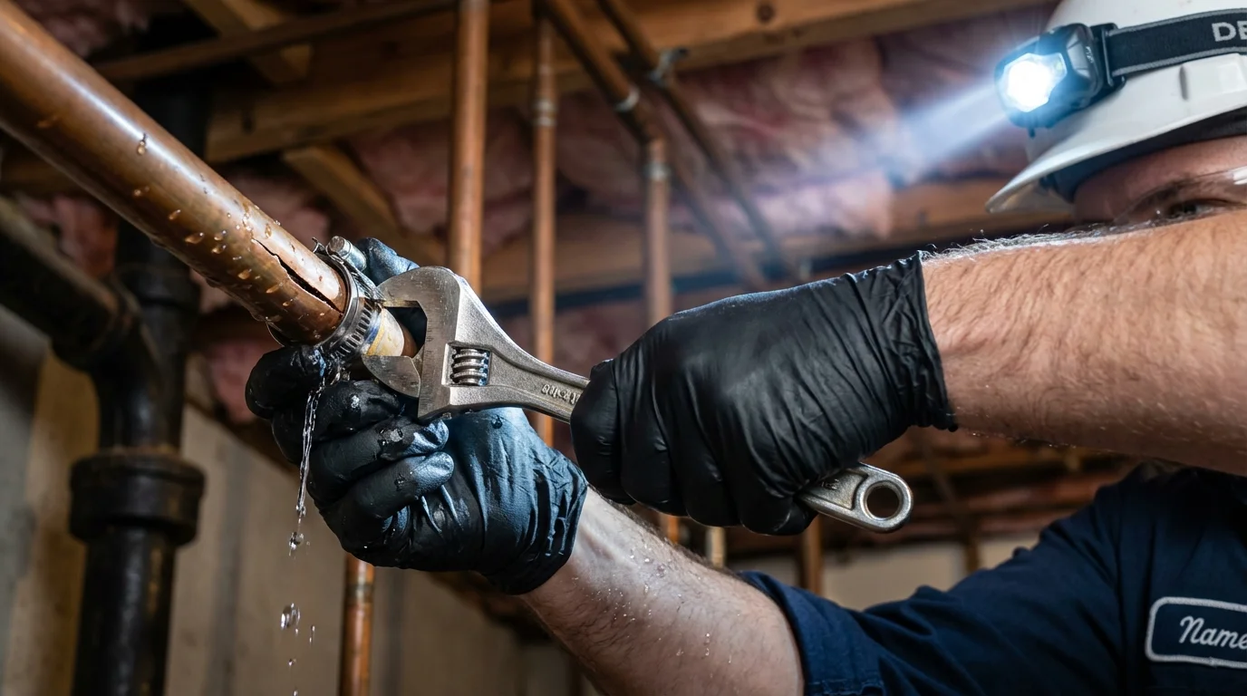 Emergency pipe clamp repair being performed by a Johns Plumbing LLC plumber in Sweet Springs