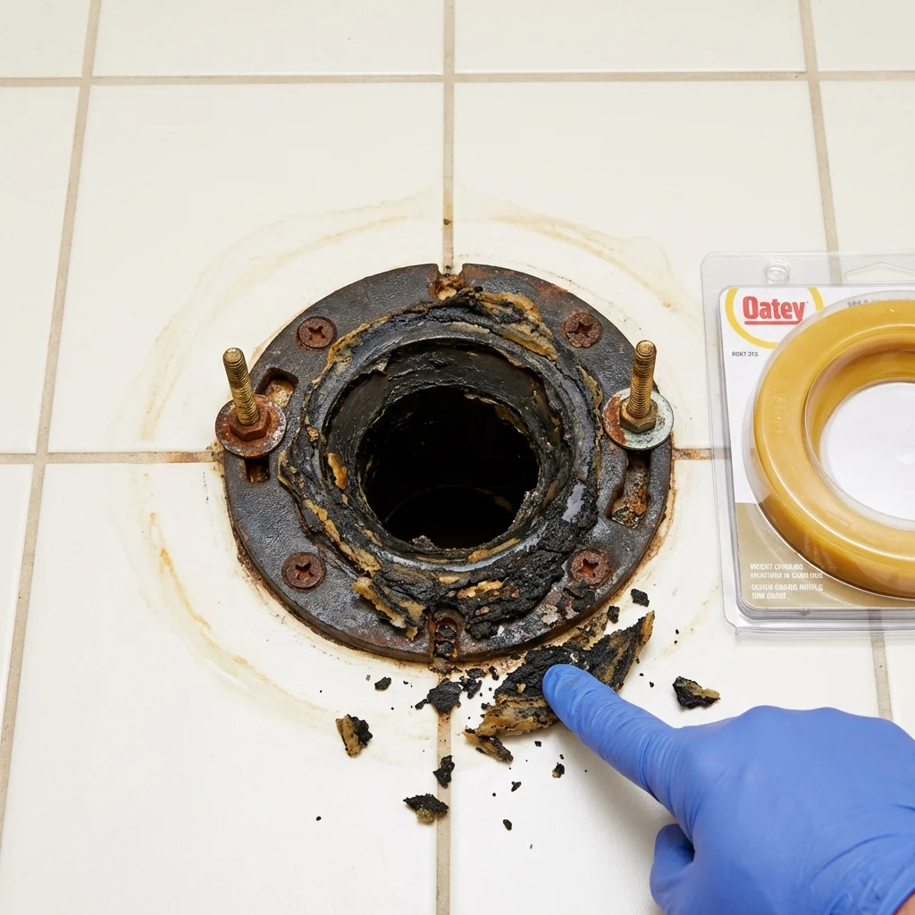 Failed wax ring showing water seepage at the base of a toilet in a Sweet Springs, MO home