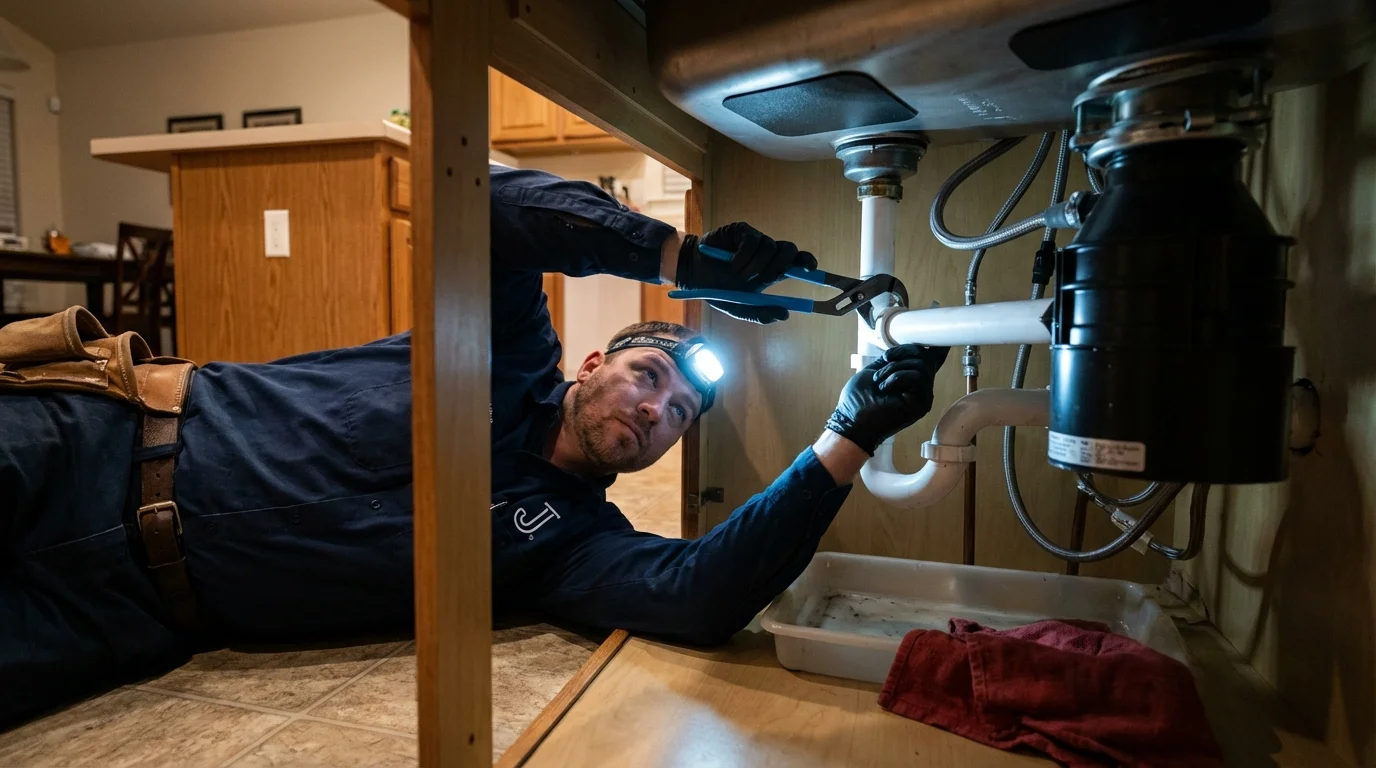 P-trap and supply line connections under a kitchen sink showing a common leak point in Sweet Springs, MO